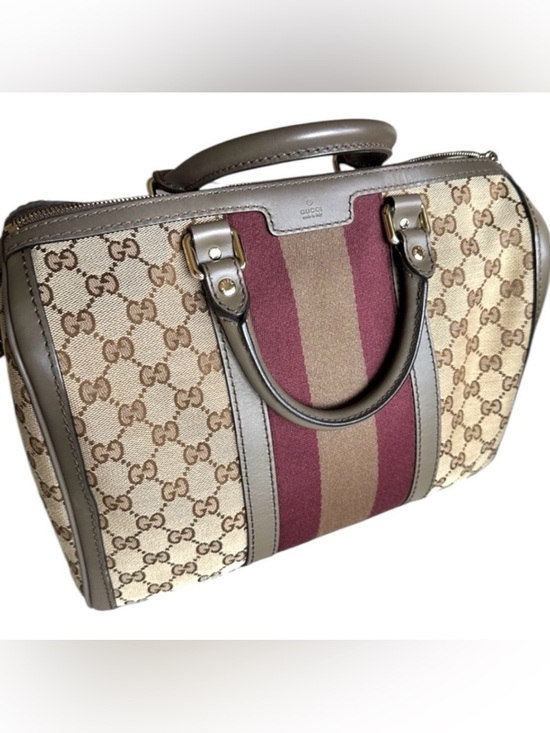 Gucci Handbags - Gucci GG Supreme Canvas Web Stripe Boston Bag Brown Burgundy Crossbody
